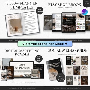 May include: A digital marketing bundle with 3,500+ planner templates, 17,000+ ChatGPT prompts, and a social media guide with 112 pages. The bundle is editable in Canva and includes PLR & MRR rights. The image also includes a call to action to visit the store for more.