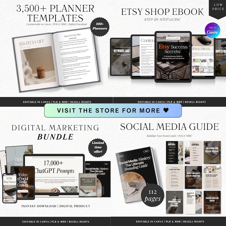 May include: A digital marketing bundle with 3,500+ planner templates, 17,000+ ChatGPT prompts, and a social media guide with 112 pages. The bundle is editable in Canva and includes PLR & MRR rights. The image also includes a call to action to visit the store for more.