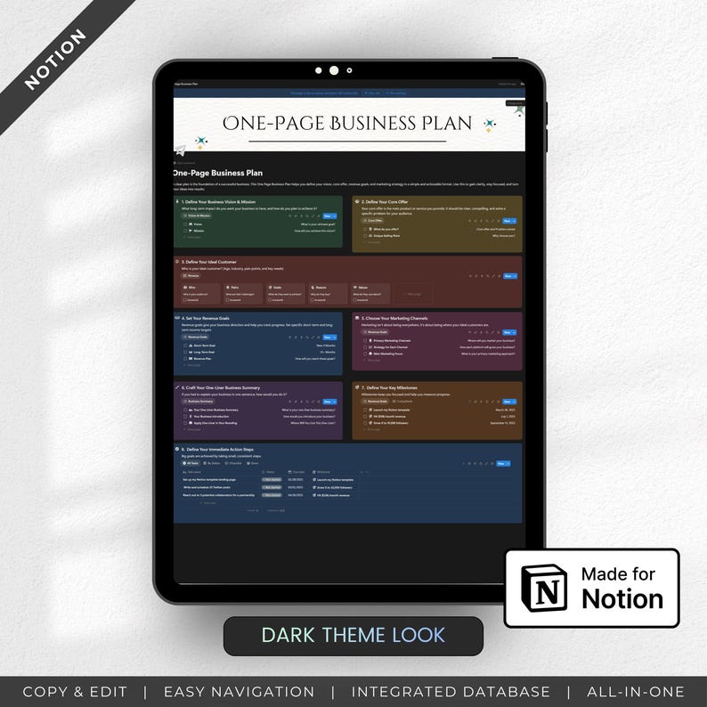 One-page Notion Business Plan Template | Work Planner Dashboard ...