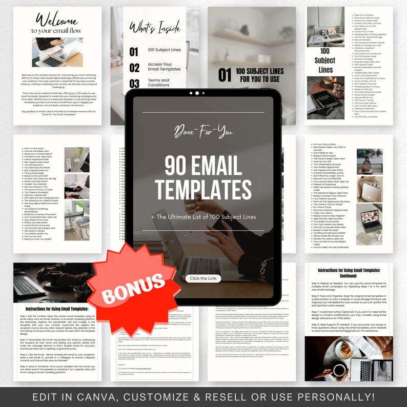 May include: A digital product mockup with a red bonus button and the text "90 Email Templates + The Ultimate List of 100 Subject Lines". The mockup shows a tablet with a white background and the text "Done For You" in a black font. The text "Click the Link" is also visible on the tablet. The image includes the text "Edit in Canva, Customize & Resell or Use Personally!"
