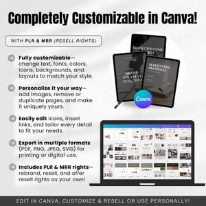 May include: A Canva design template with a black and white colour scheme. The template is customisable and includes text that says "Client Welcome Kit", "Brand Strategy Workbook", and "Marketing Proposal". The template is designed for use with the Canva design platform.