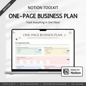 Könnte beinhalten: Ein Laptop zeigt eine Vorlage für einen "ONE-PAGE BUSINESS PLAN". Der Bildschirm zeigt ein Layout für einen Geschäftsplan mit Abschnitten für Vision, Kernangebot, idealen Kunden, Umsatzziele und Marketingkanäle. Das Notion-Logo ist sichtbar.