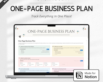 May include: A laptop displays a "ONE-PAGE BUSINESS PLAN" template. The screen shows a business plan layout with sections for vision, core offer, ideal customer, revenue goals, and marketing channels. The Notion logo is visible.
