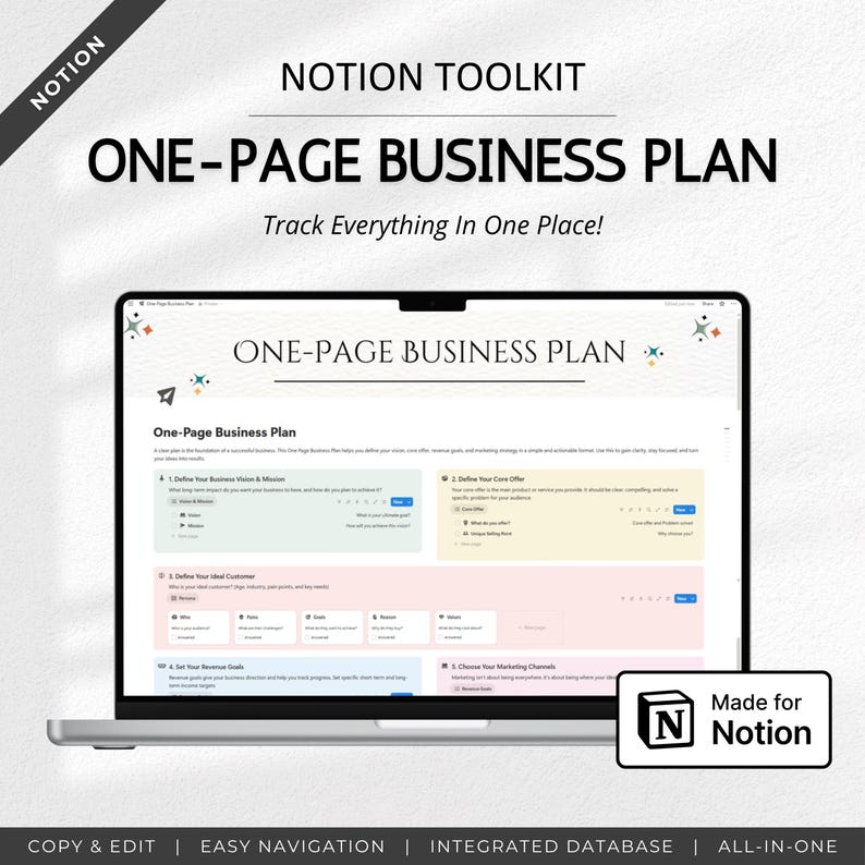 One-page Notion Business Plan Template | Work Planner Dashboard ...