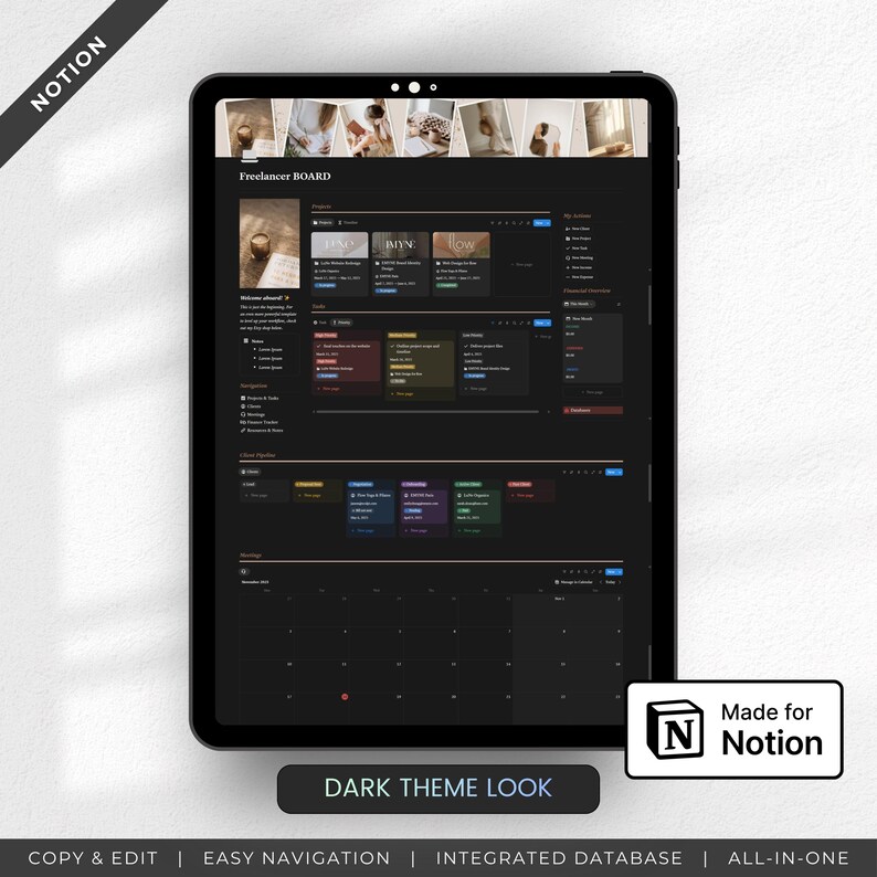 Puede incluir: Una tableta digital muestra un espacio de trabajo Notion de tema oscuro, etiquetado como "Freelancer BOARD". La pantalla muestra un calendario, listas de tareas y herramientas de gesti&oacute;n de proyectos. El texto en la parte inferior dice "COPY & EDIT | EASY NAVIGATION | INTEGRATED DATABASE | ALL-IN-ONE."