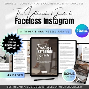 May include: A digital guide on how to run a faceless Instagram account. The guide is 45 pages long and includes a bonus social media planner. The guide is available for commercial and personal use. The image also includes a Canva logo.