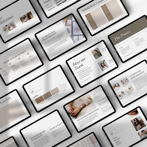 May include: A digital marketing guide with a beige background and black text. The guide includes sections on defining your brand voice, establishing your brand identity, maintaining brand consistency, understanding your audience, and defining your positioning. The guide also includes a section on colours with a colour palette of beige, brown, and white.