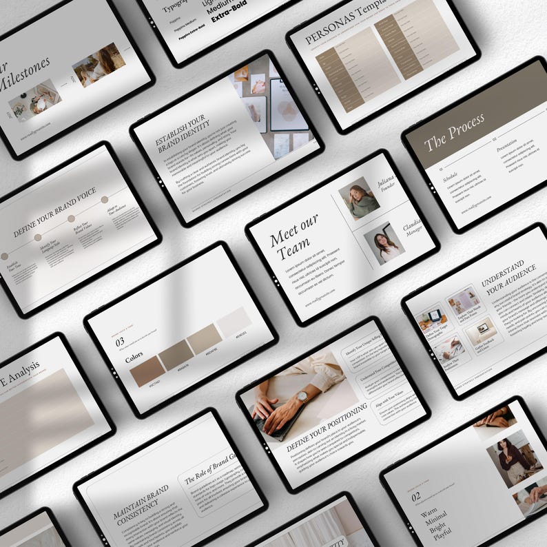 May include: A digital marketing guide with a beige background and black text. The guide includes sections on defining your brand voice, establishing your brand identity, maintaining brand consistency, understanding your audience, and defining your positioning. The guide also includes a section on colours with a colour palette of beige, brown, and white.
