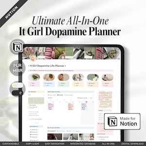 Puede incluir: Un planificador digital en una pantalla de tableta, con el texto "Ultimate All-In-One It Girl Dopamine Planner". El planificador incluye secciones para tareas, eventos y rutinas diarias. El logotipo de Notion es visible.