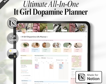 Ultimate It Girl Dopamine Notion Life Planner, ADHD Template, All-In-One System, Digital Second Brain on PARA, Life Vision Dashboard Plr Mrr