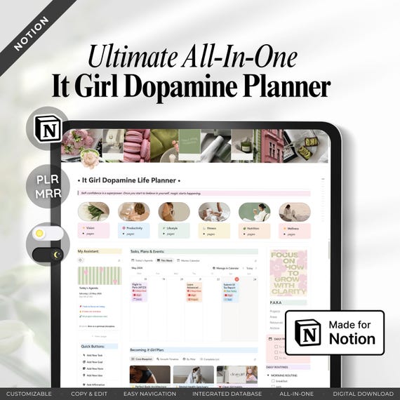 Ultimate It Girl Dopamine Notion Life Planner, ADHD Template, All-In-One System, Digital Second Brain on PARA, Life Vision Dashboard Plr Mrr