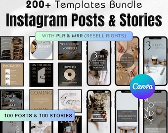200 Instagram Post Templates & Insta Stories, Social Media Templates With Master Resell Rights, MRR PLR, Instagram Canva Template Bundle