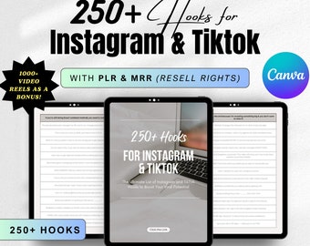 250+ Hooks for Instagram & Tiktok eBook with Master Resell Rights, Private Label Rights, MRR PLR Digital Products Social Media Hooks + Reels