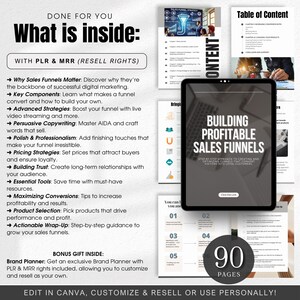 Pu&ograve; includere: Una copertina di prodotto digitale con uno schema di colori blu e bianco. La copertina presenta il testo "Building Profitable Sales Funnels" in grassetto, in bianco. La copertina include anche un approccio passo dopo passo per creare e ottimizzare gli imbuti che convertono i visitatori in clienti fedeli. La copertina include anche il testo "90 Pages" in un grande carattere bianco.