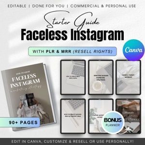 May include: A digital product guide with the title "Faceless Instagram" and the text "With PLR & MRR (Resell Rights)". The guide is divided into sections with titles like "How to Grow Faceless Instagram", "How to Create Reels Using Canva", "Effective Faceless Marketing Strategies", "Niche & Target Audience", "How to Create Faceless Reels & Content Ideas", "Staying Anonymously Authentic", and "Ultimate Social Media Planner". The guide is 90+ pages long and is editable in Canva.