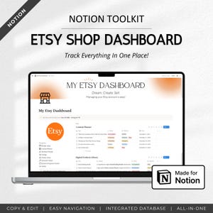Könnte beinhalten: Ein Laptop zeigt eine Etsy-Shop-Dashboard-Oberfläche. Der Bildschirm zeigt den Text "MY ETSY DASHBOARD" und "Etsy Shop Dashboard". Die Oberfläche enthält Abschnitte für die Inhaltsplanung und eine Bibliothek digitaler Produkte. Der Laptop ist mit "Made for Notion" beschriftet.