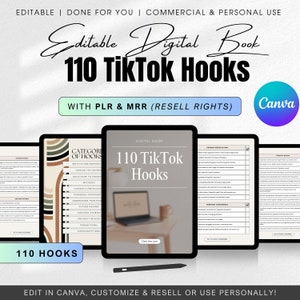 110 TikTok Hooks Editable Ready-to-Use Digital Guide | Social Media Growth Strategy, dfy PLR MRR, Digital Marketing, TikTok Engagement Tips
