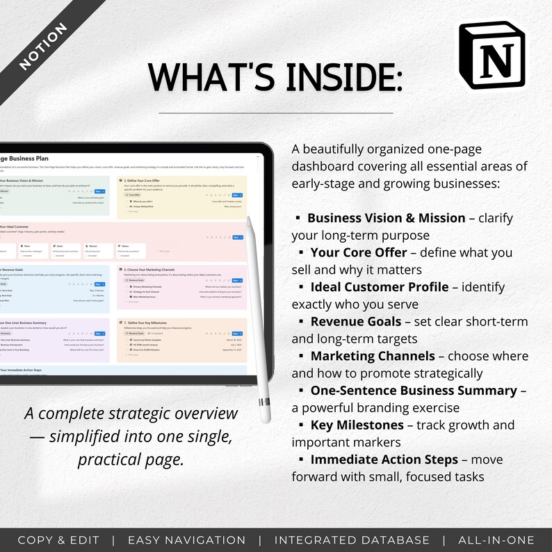 One-page Notion Business Plan Template | Work Planner Dashboard ...