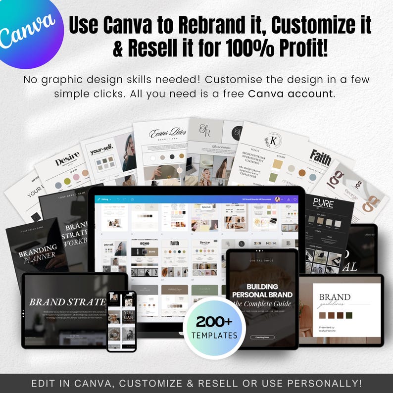 May include: A collection of digital templates for building a personal brand. The templates are displayed on a laptop, tablet, and phone screens. The text on the screens reads "Building Personal Brand The Complete Guide" and "200+ Templates".