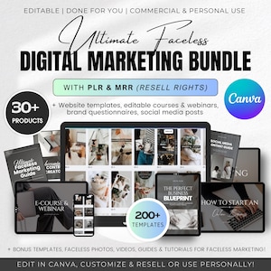 Faceless Digital Marketing Bundle MRR PLR Master Resell Digital Products Vault DFY, Social Media Canva Templates Guides, Online Business Kit