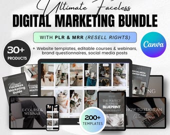 Faceless Digital Marketing Bundle MRR PLR Master Resell Digital Products Vault DFY, Social Media Canva Templates Guides, Online Business Kit
