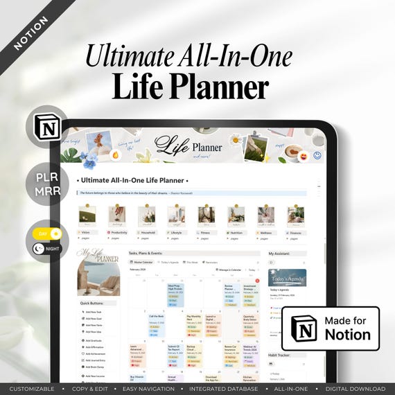 Ultimate Notion Life Planner Template – All-In-One Second Brain Dashboard (Digital Download, PLR & MRR License Included)
