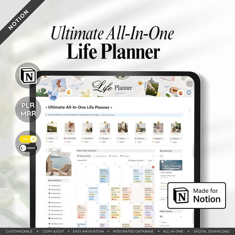Ultimate Notion Life Planner Template – All-In-One Second Brain Dashboard (Digital Download, PLR & MRR License Included) image 1