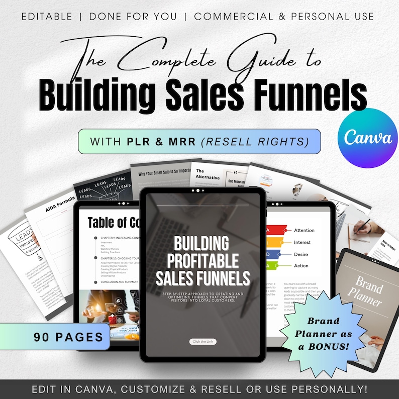 Pu&ograve; includere: Un mockup di prodotto digitale con il titolo "The Complete Guide to Building Sales Funnels" con il sottotitolo "With PLR & MRR (Resell Rights)". L'immagine mostra un tablet con una copertina di prodotto digitale che dice "Building Profitable Sales Funnels". L'immagine mostra anche una variet&agrave; di altri mockup di prodotti digitali, tra cui un indice, un planner di marca e un diagramma di imbuto di vendita. L'immagine include il testo "90 Pages" e "Edit in Canva, Customize & Resell or Use Personally!"