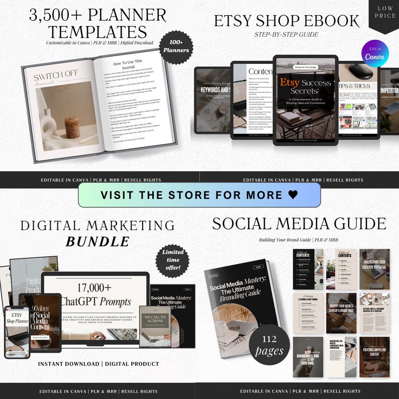 May include: A digital marketing bundle featuring over 3,500 planner templates, 17,000+ ChatGPT prompts, and social media guides. The bundle includes editable templates for Etsy shop ebooks, social media branding, and digital marketing strategies. The image shows a collage of digital product covers with a limited time offer.