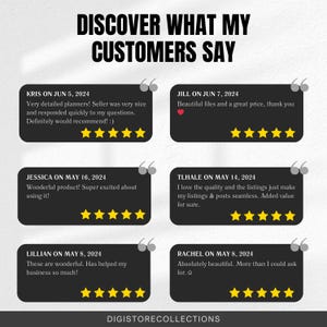 May include: A collage of customer reviews with five-star ratings for a digital product. The reviews highlight the quality, value, and ease of use of the product. The text includes quotes from customers such as "Wonderful product!" and "Beautiful files and a great price."
