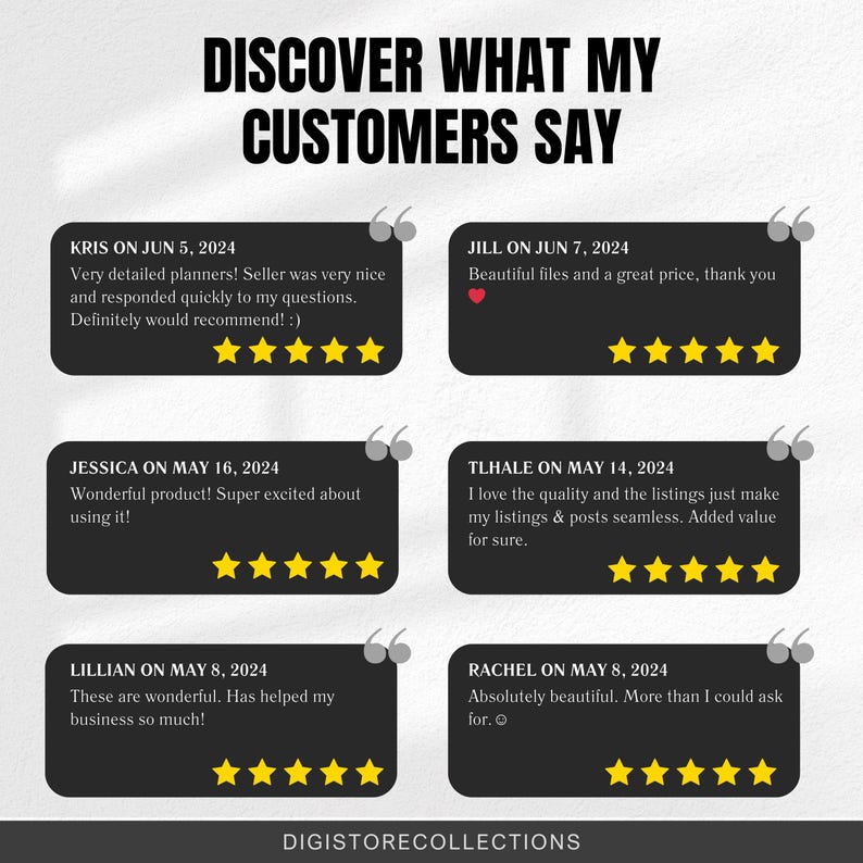 May include: A collage of customer reviews with five-star ratings for a digital product. The reviews highlight the quality, value, and ease of use of the product. The text includes quotes from customers such as "Wonderful product!" and "Beautiful files and a great price."