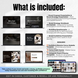 May include: A digital marketing kit for branding, including a brand proposal presentation, brand strategy workbook, branding questionnaire, brand guidelines presentation, portfolio and resume Canva website template, Canva crash course, Instagram posts and stories templates. The kit is customisable and can be used for personal or commercial purposes.  Edit in Canva.