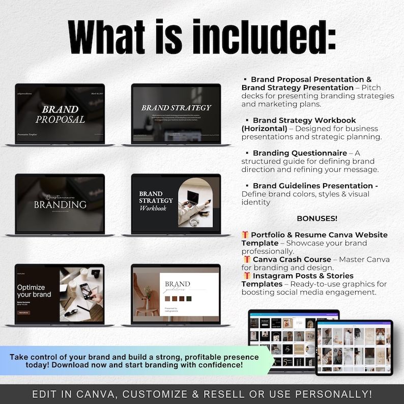 May include: A digital marketing kit for branding, including a brand proposal presentation, brand strategy workbook, branding questionnaire, brand guidelines presentation, portfolio and resume Canva website template, Canva crash course, Instagram posts and stories templates. The kit is customisable and can be used for personal or commercial purposes.  Edit in Canva.