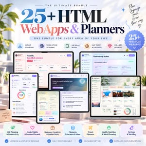 25+ HTML Planners & Web Apps Bundle | All-in-One Life Trackers, Business Overview, Productivity Dashboard, Wellness Planner Collection
