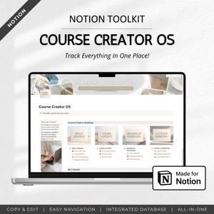 Op de afbeelding: Een laptop met de interface "Course Creator OS", onderdeel van de Notion Toolkit. Het scherm toont een routekaart voor het maken van cursussen met secties voor strategie, inhoud, branding en marketing. De tekst "Track Everything In One Place!" is zichtbaar.
