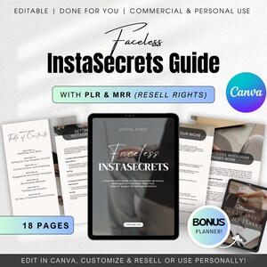 Puede incluir: Una guía digital titulada "Faceless InstaSecrets" con un esquema de color rosa y azul. La guía tiene 18 páginas e incluye un planificador de bonificación. El texto de la portada dice "Una guía paso a paso para obtener ingresos pasivos en las redes sociales sin mostrar tu rostro (Bonificación de 30 días de publicaciones de Instagram)".