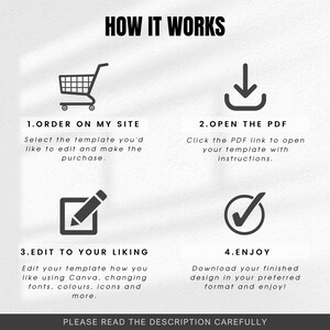 Pu&ograve; includere: Infografica che spiega come funziona in quattro passaggi: ordina sul sito, apri il PDF, modifica a tuo piacimento e divertiti. I passaggi sono illustrati con icone di un carrello della spesa, una freccia di download, una matita in un quadrato e un segno di spunta in un cerchio.