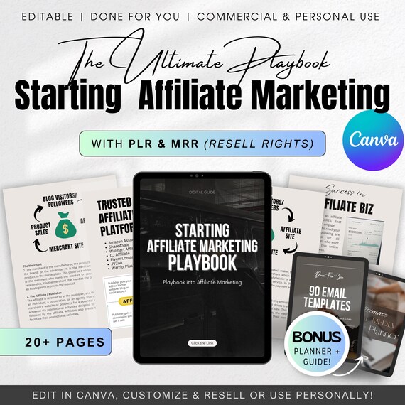 Guide to Affiliate Marketing eBook, Affiliate Playbook MRR PLR Resell Rights, DFY Digital Product, Passive Income Content, Editable Canva
