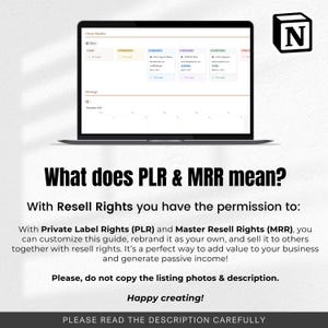 Puede incluir: Una pantalla de port&aacute;til muestra un planificador digital con secciones codificadas por colores. El texto "What does PLR & MRR mean?" est&aacute; encima de una descripci&oacute;n de los derechos de reventa. El logotipo de Notion est&aacute; en la esquina superior derecha. El texto inferior dice "Please read the description carefully."