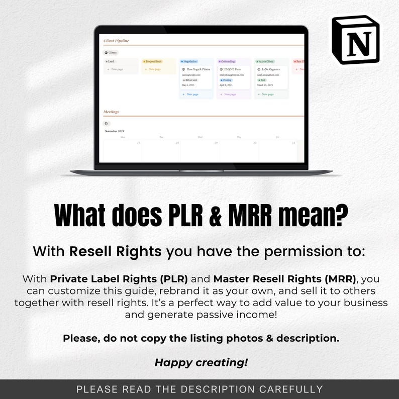 Puede incluir: Una pantalla de port&aacute;til muestra un planificador digital con secciones codificadas por colores. El texto "What does PLR & MRR mean?" est&aacute; encima de una descripci&oacute;n de los derechos de reventa. El logotipo de Notion est&aacute; en la esquina superior derecha. El texto inferior dice "Please read the description carefully."