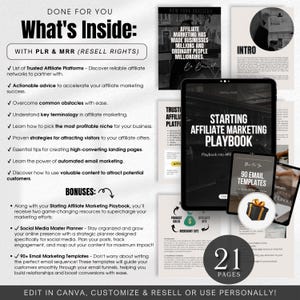 May include: A digital marketing playbook with a black and white cover featuring the text "Starting Affiliate Marketing Playbook". The playbook includes 21 pages and is designed to help you learn how to start and grow your affiliate marketing business. The image also includes a list of bonuses, including a social media master planner and 90 email templates.
