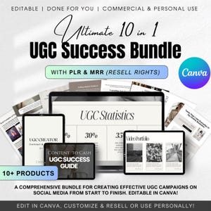 May include: A digital marketing bundle for creating user-generated content (UGC) campaigns on social media. The bundle includes 10+ products, including a UGC creator contract, content to cash guide, and UGC success guide. The bundle is editable in Canva and includes statistics about UGC.