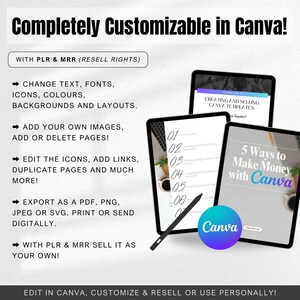 May include: A digital marketing guide with the title "5 Ways to Make Money with Canva" and the text "Creating and Selling Canva Templates" on the cover. The guide is customizable in Canva and includes instructions for adding your own images, editing icons, and exporting as a PDF, PNG, JPEG, or SVG.