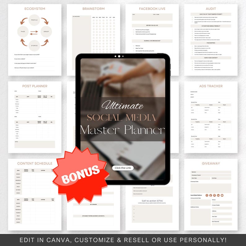 May include: A digital planner template for social media marketing. The template includes sections for brainstorming, content scheduling, post planning, Facebook Live, ads tracking, giveaways, and an ecosystem diagram. The template is labeled "Ultimate Social Media Master Planner" and includes the text "Click the Link" and "Call to action (CTA)".
