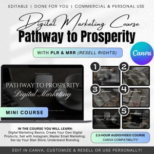 May include: A digital marketing course titled "Pathway to Prosperity" with PLR & MRR (Resell Rights) is shown on a laptop screen. The course is a 2.5-hour audio/video course that is Canva compatible. The course includes five modules: Branding Basics, Website Traffic, Email Marketing, Social Media Marketing, and Digital Marketing Kit.