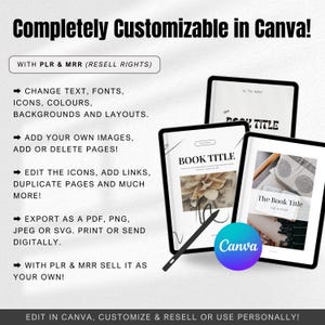 May include: A digital mockup of a book cover template with the text "Book Title" and "The Book Title" on the covers. The text "Completely Customizable in Canva!" is displayed at the top of the image. The text "WITH PLR & MRR (RESELL RIGHTS)" is displayed below the title. The text "EDIT IN CANVA, CUSTOMIZE & RESELL OR USE PERSONALLY!" is displayed at the bottom of the image.