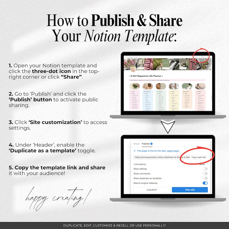 Op de afbeelding: Afbeelding met stappen om een Notion-sjabloon te publiceren en te delen. Twee laptops tonen het proces, met tekstinstructies en schermafbeeldingen. De tekst bevat "How to Publish & Share Your Notion Template" en "happy creating!"