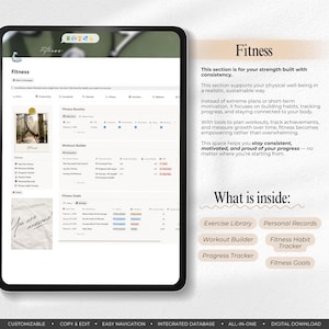 Peut inclure: Un planificateur de fitness num&eacute;rique affich&eacute; sur une tablette. L'&eacute;cran pr&eacute;sente une routine de fitness, un constructeur d'entra&icirc;nement et des objectifs de fitness. Le texte comprend "Fitness" et "You are awesome!". Le planificateur suit les progr&egrave;s et cr&eacute;e des habitudes.