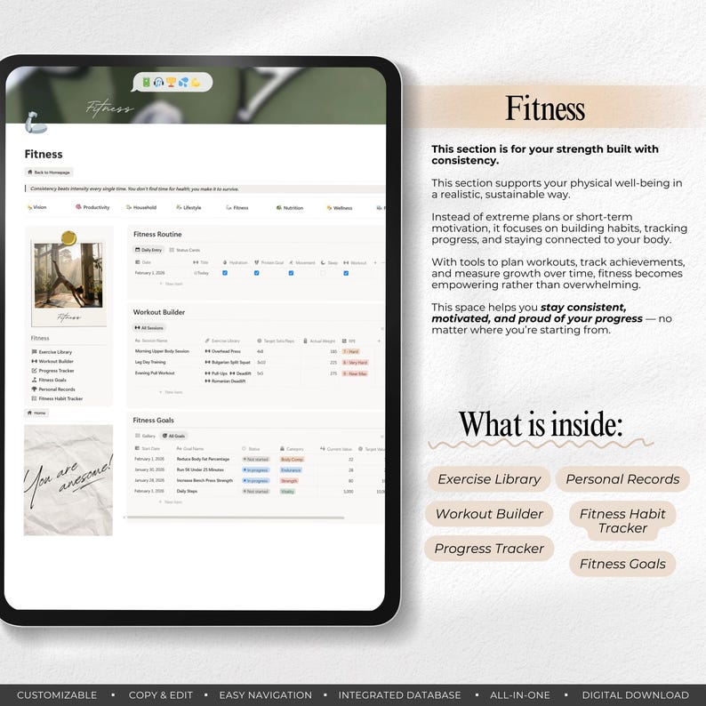 Peut inclure: Un planificateur de fitness num&eacute;rique affich&eacute; sur une tablette. L'&eacute;cran pr&eacute;sente une routine de fitness, un constructeur d'entra&icirc;nement et des objectifs de fitness. Le texte comprend "Fitness" et "You are awesome!". Le planificateur suit les progr&egrave;s et cr&eacute;e des habitudes.