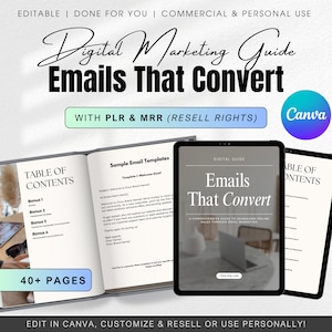 Puede incluir: Una guía de marketing digital con el título "Emails That Convert" en la pantalla de una tableta. La guía es una guía completa para aumentar las ventas en línea a través del marketing por correo electrónico. La guía incluye una tabla de contenido, plantillas de correo electrónico de muestra y una sección de bonificación. La guía está disponible para descargar y se puede editar en Canva.